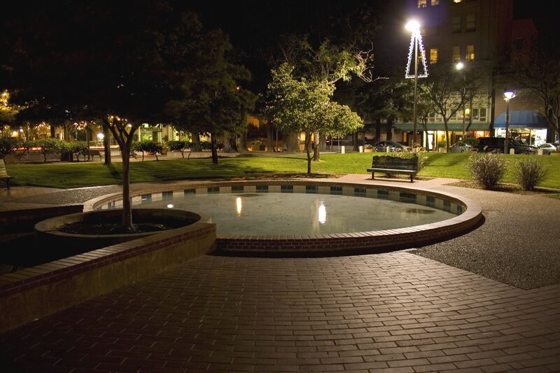 nighttime park with fountain