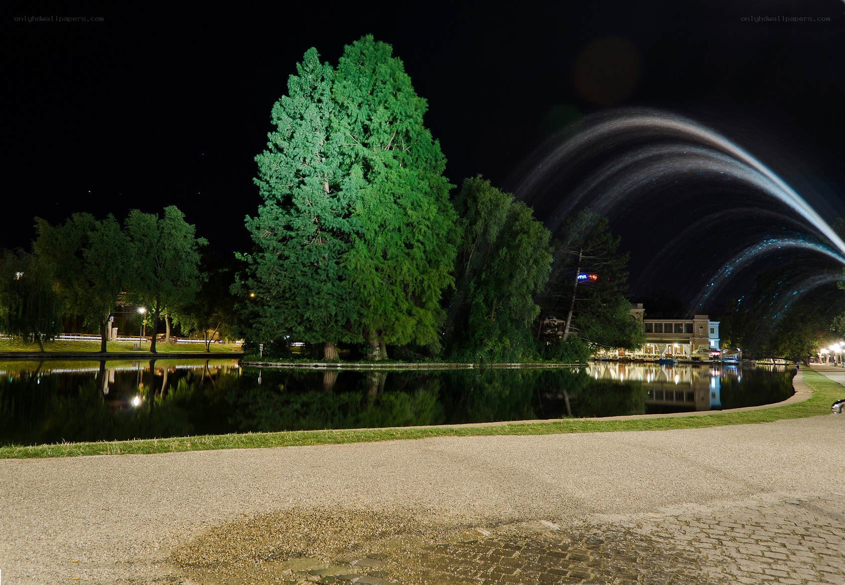 Nighttime park with fountain