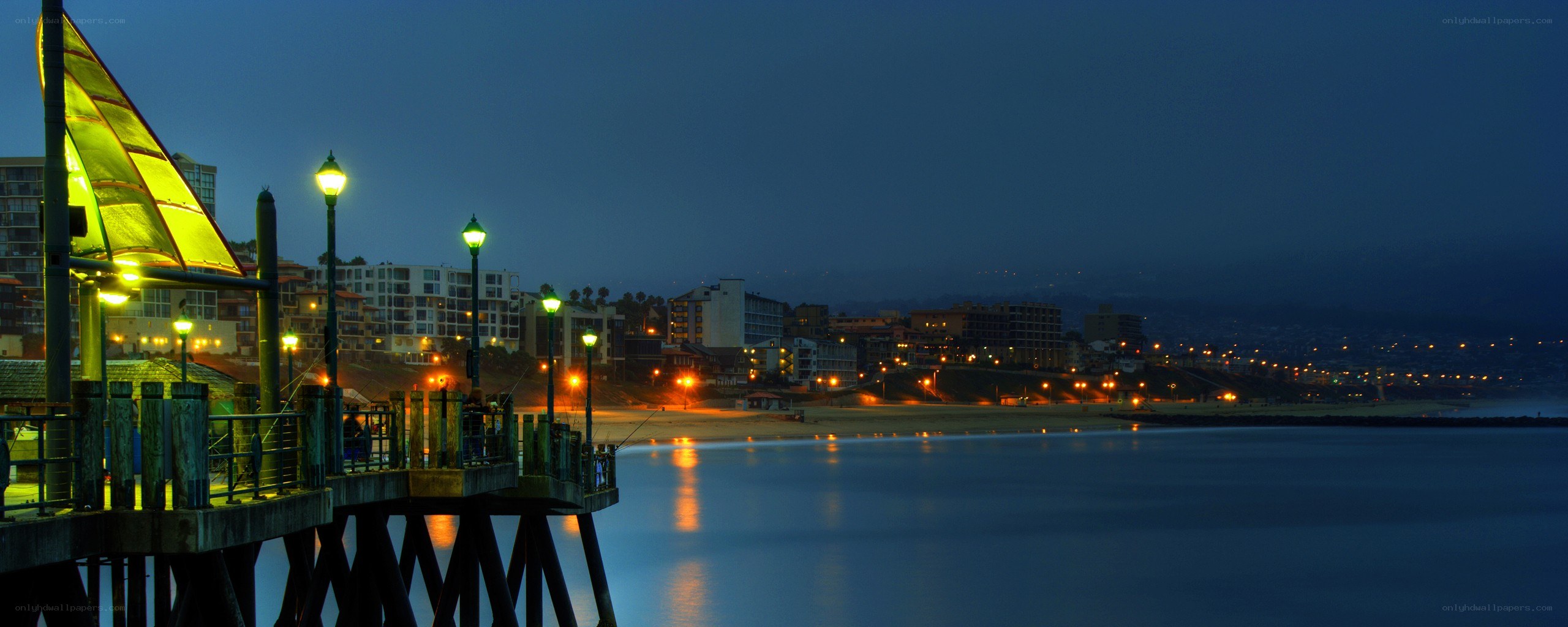 nighttime pier and beach scene