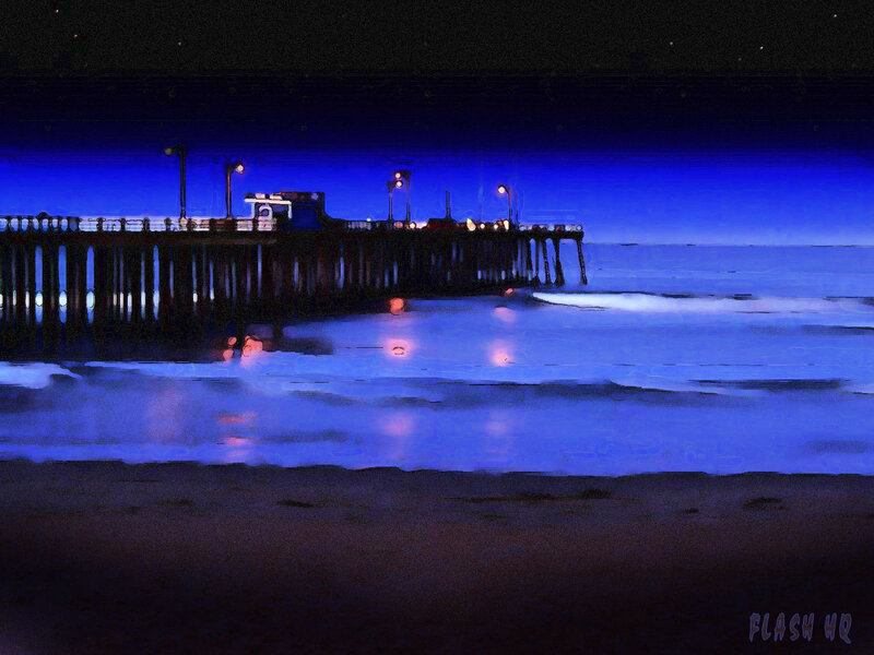 Nighttime pier with blue lighting