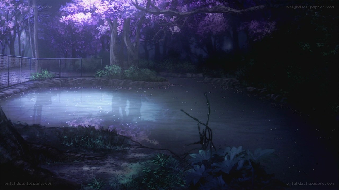 nighttime pond under purple trees