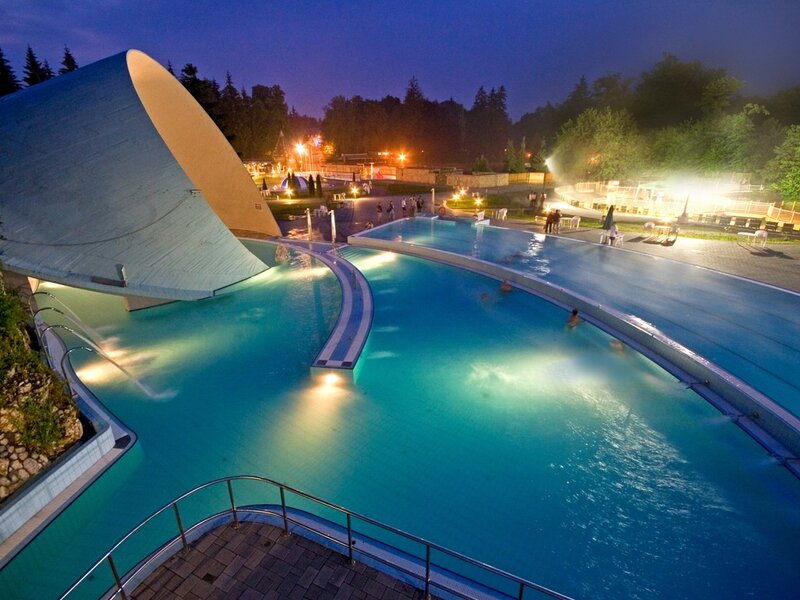 nighttime pool complex