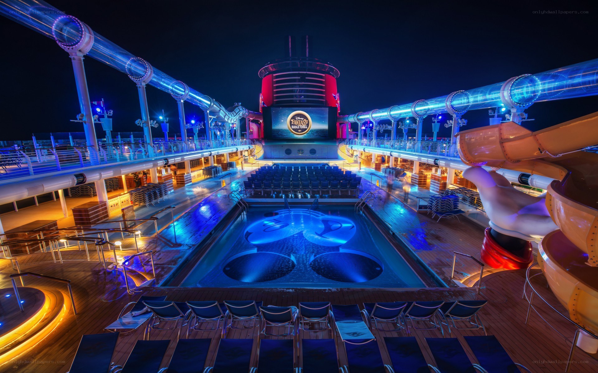 Nighttime pool deck on cruise ship