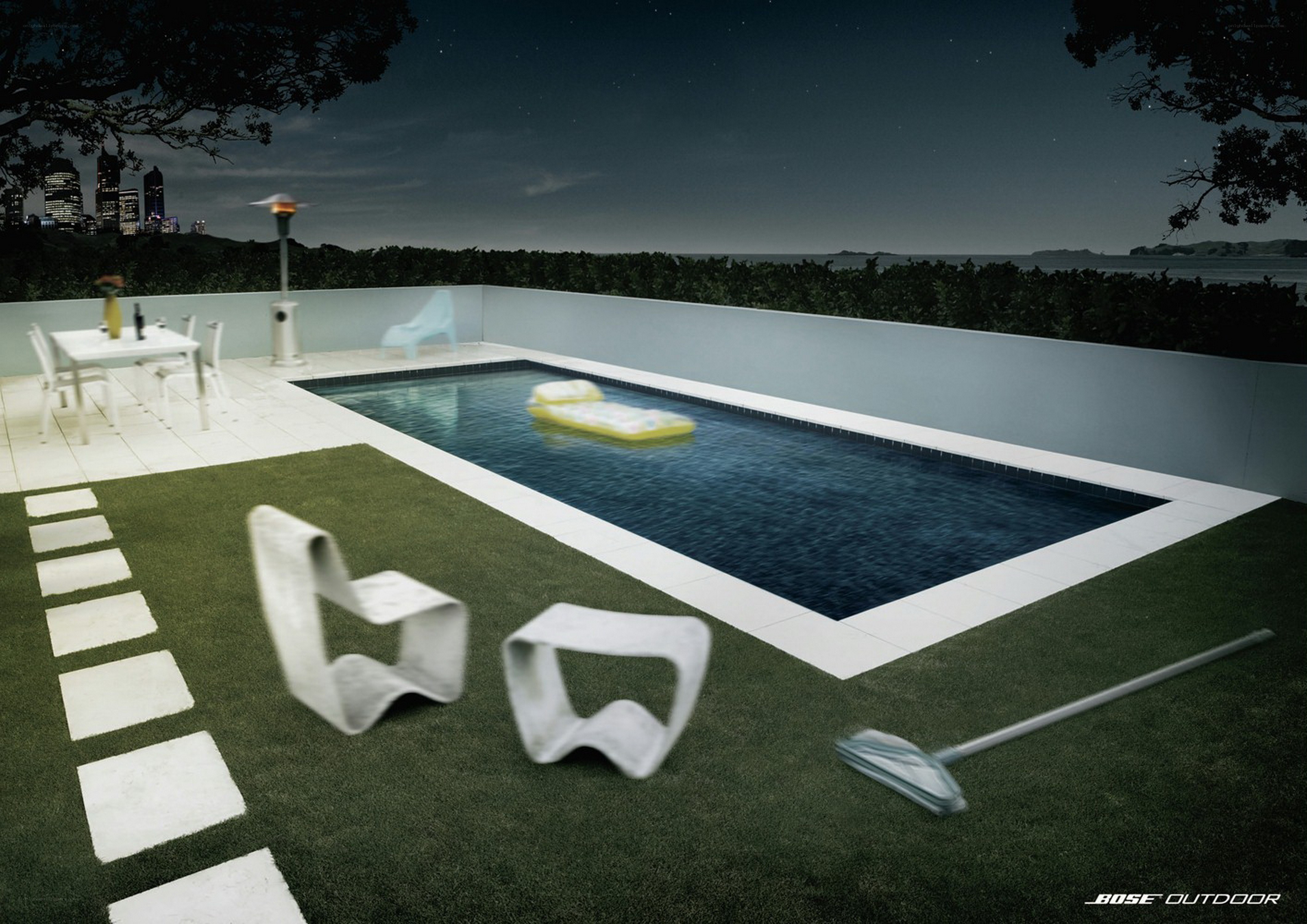 Nighttime poolside scene
