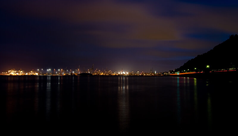 nighttime port cityscape