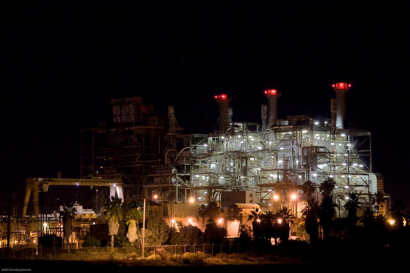 Nighttime power plant view