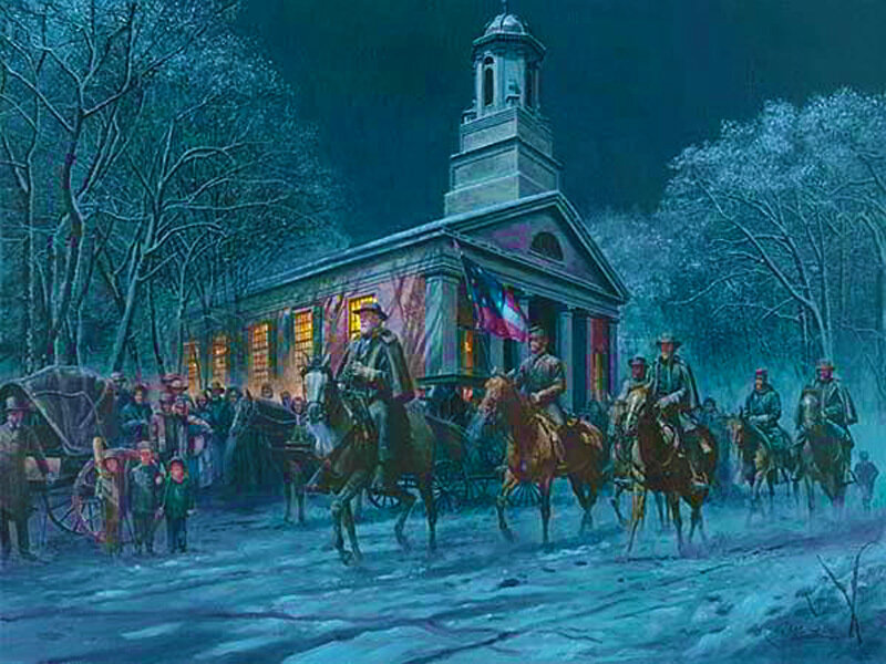 Nighttime procession near a church