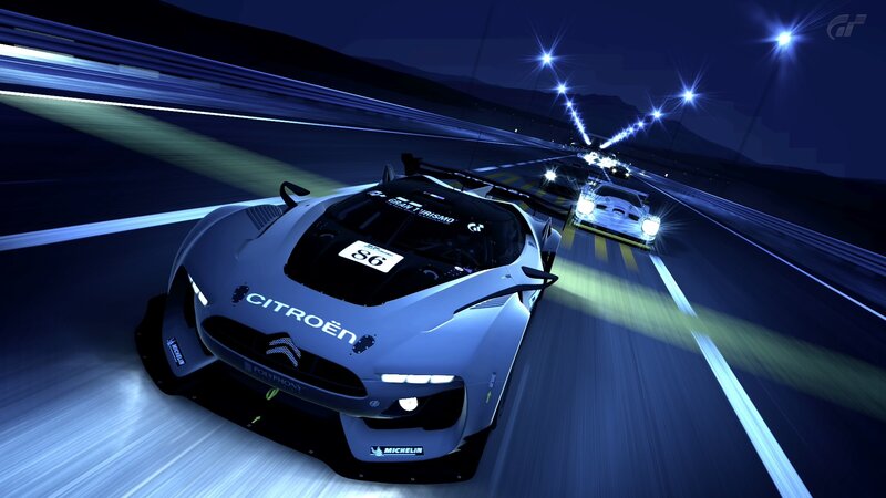 Nighttime race car action