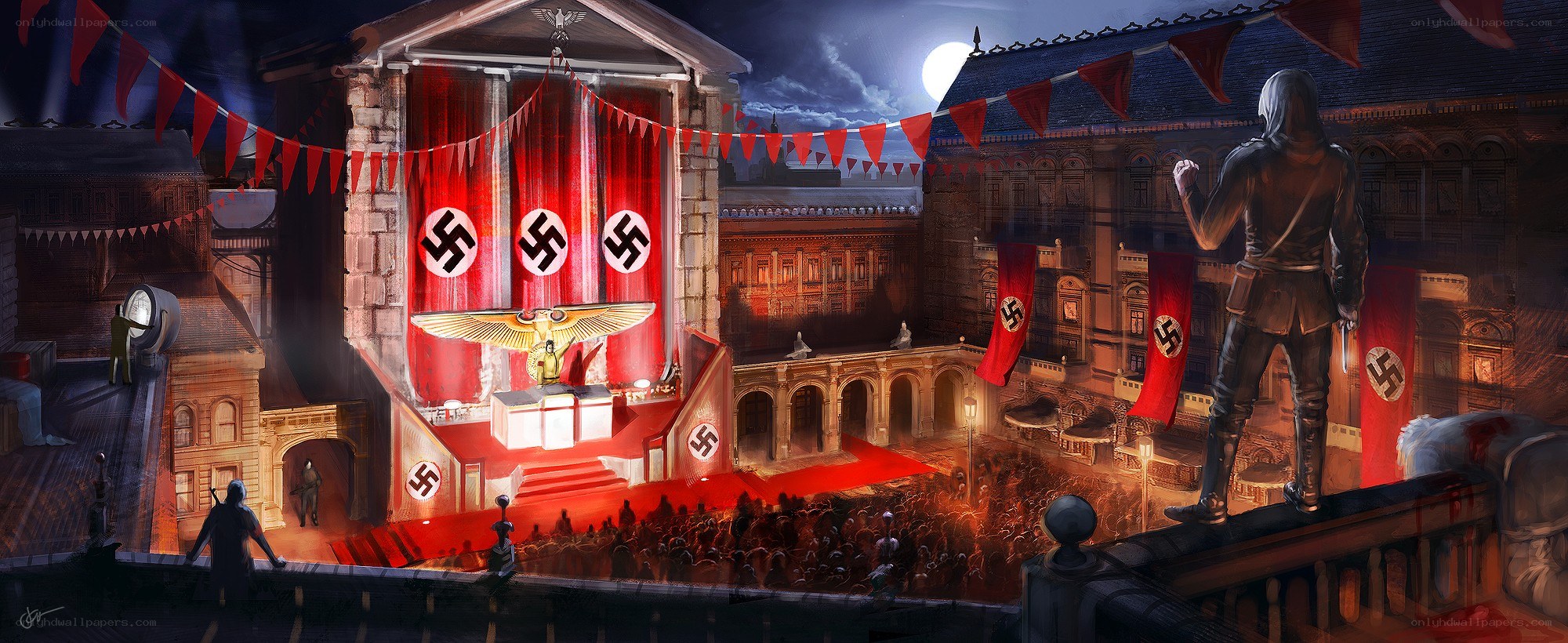 Nighttime rally with swastikas