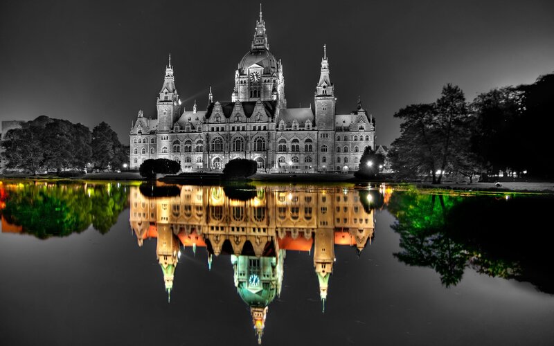 Nighttime reflection of a grand building