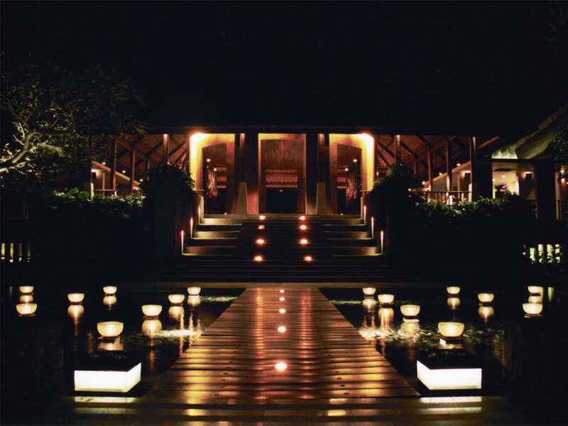 Nighttime resort entrance