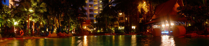 nighttime resort pool scene