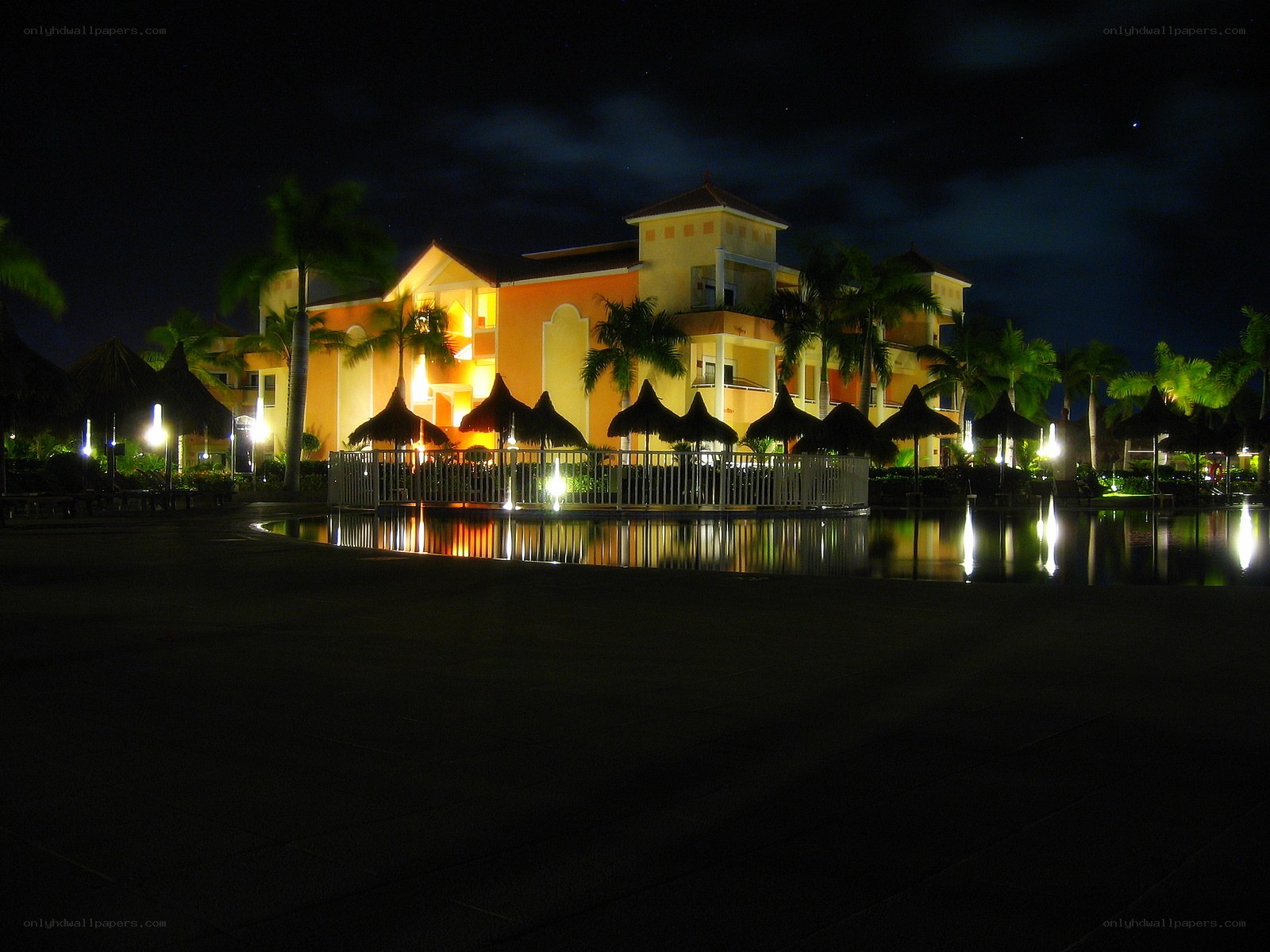 nighttime resort scene