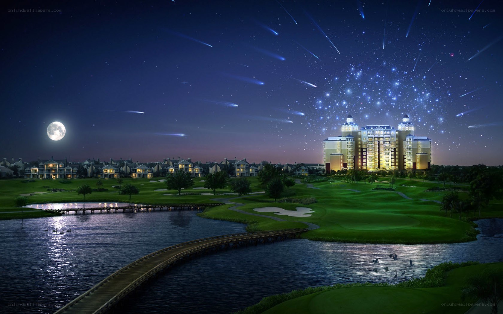 Nighttime resort with golf course