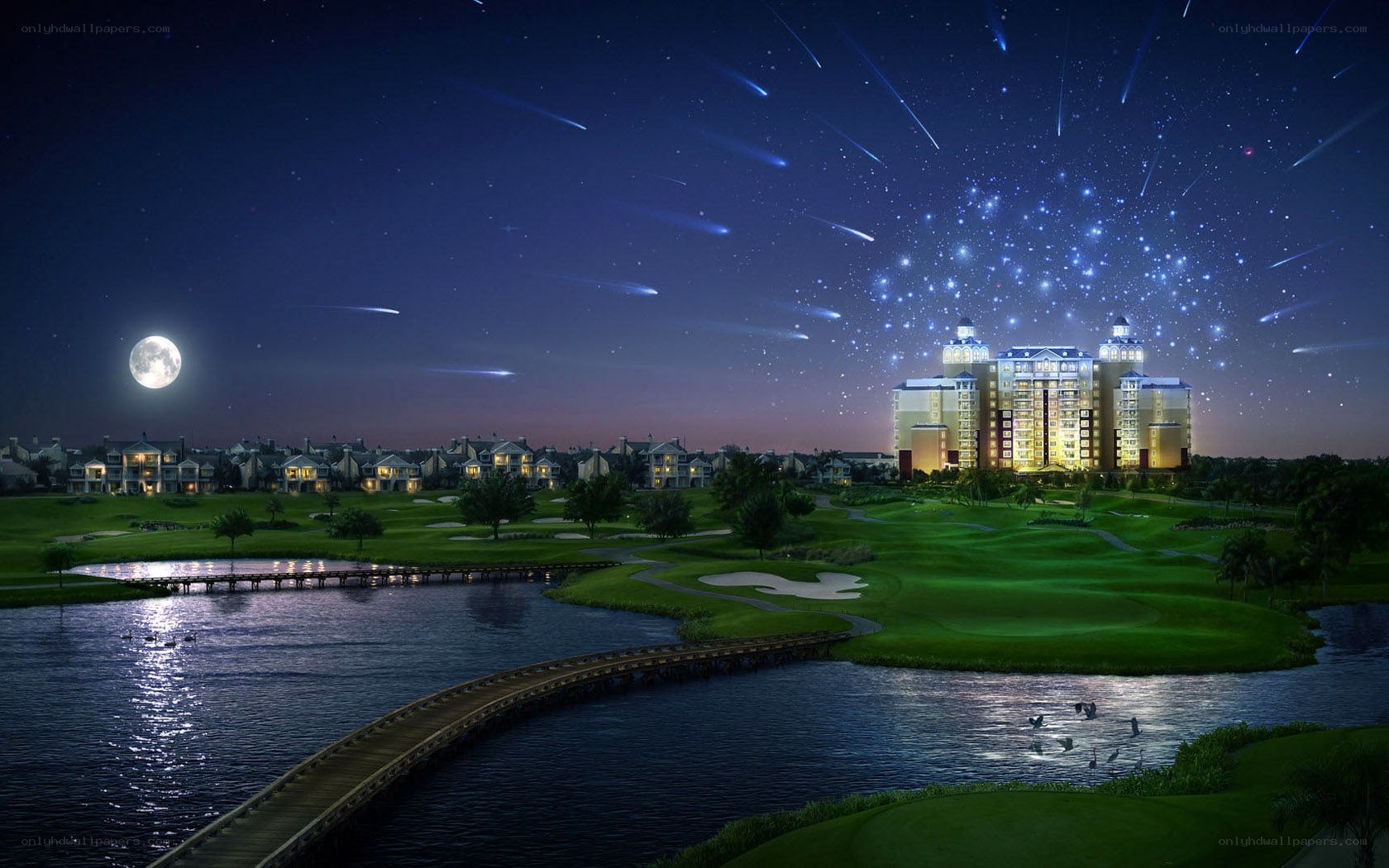 Nighttime resort with golf course