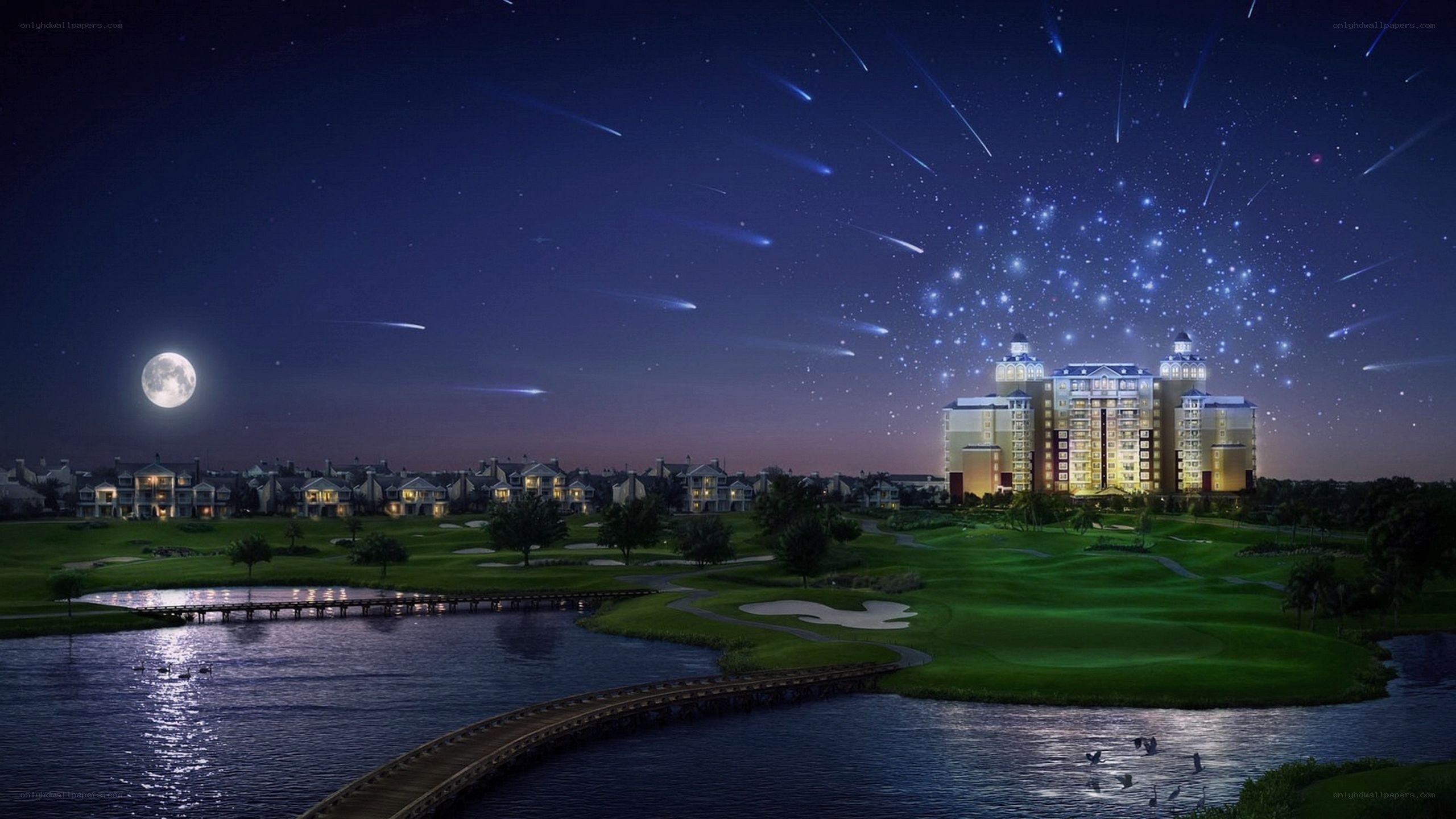 Nighttime resort with meteor shower