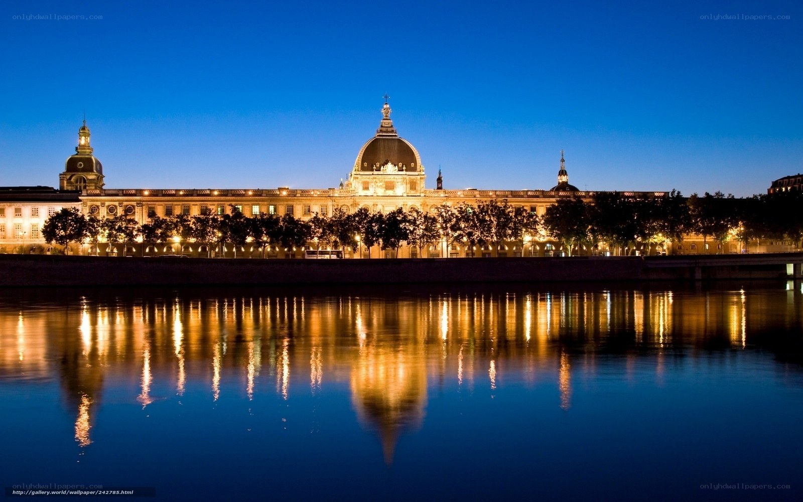 nighttime river view of palace
