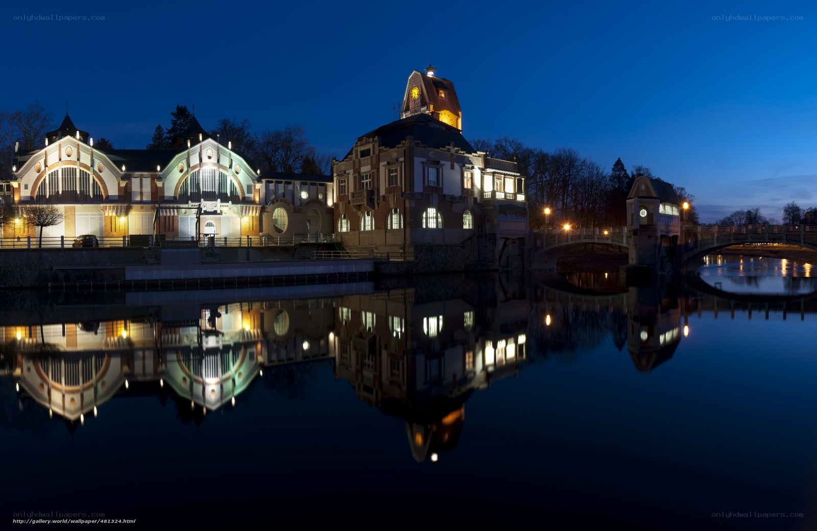 Nighttime riverfront architecture