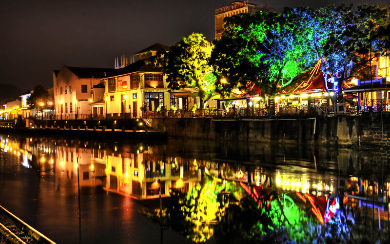 nighttime riverfront scene