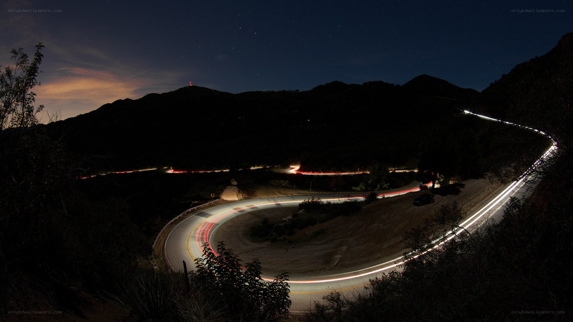 Nighttime road light trails