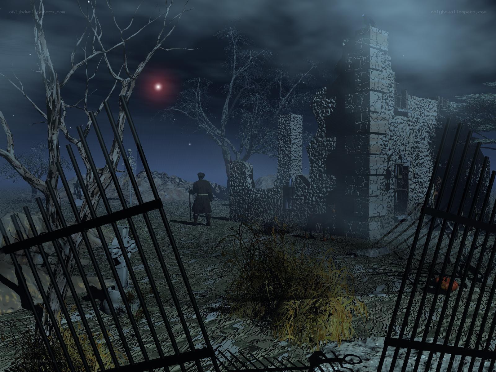 nighttime ruins scene