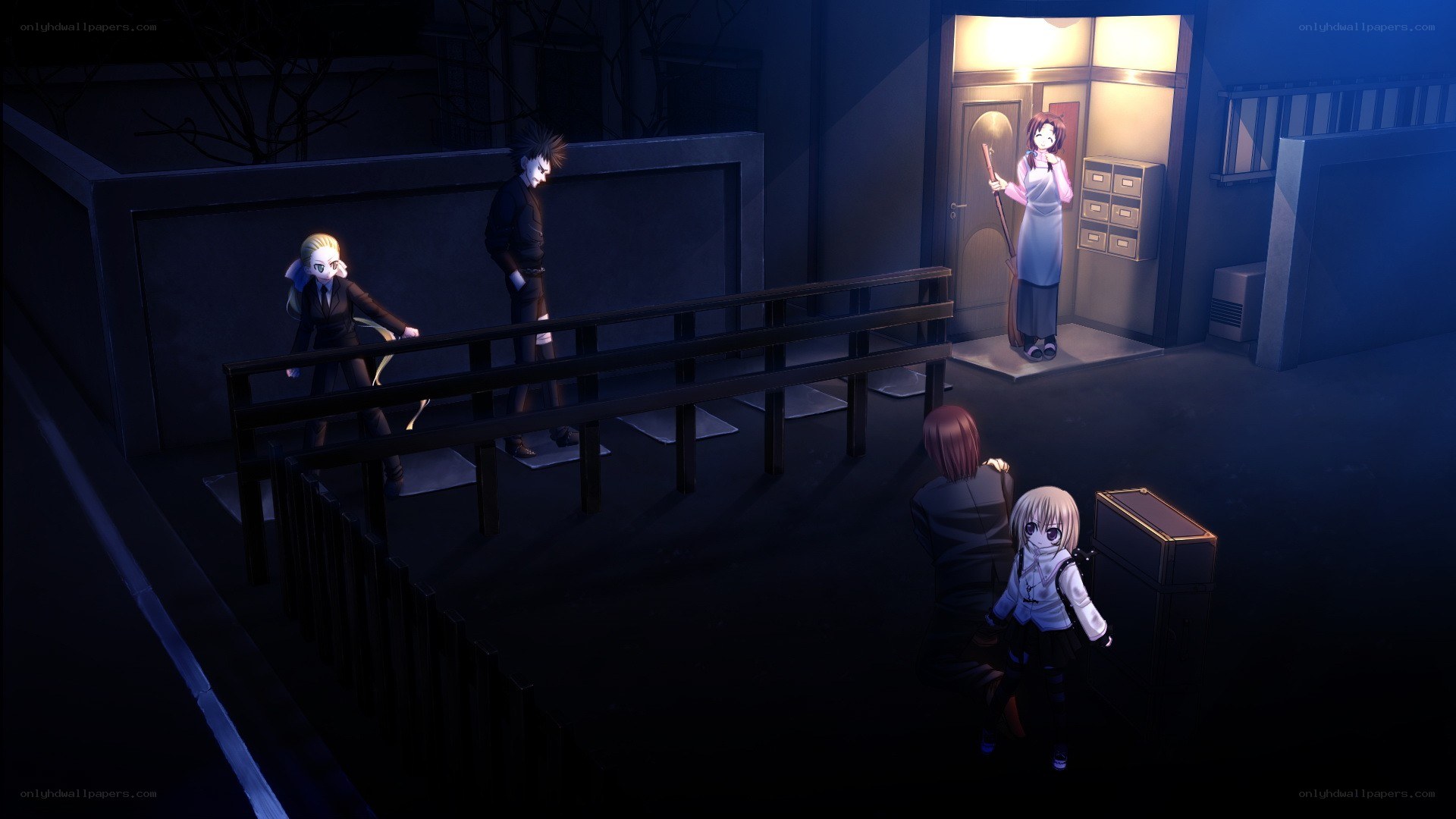 Nighttime scene with anime characters