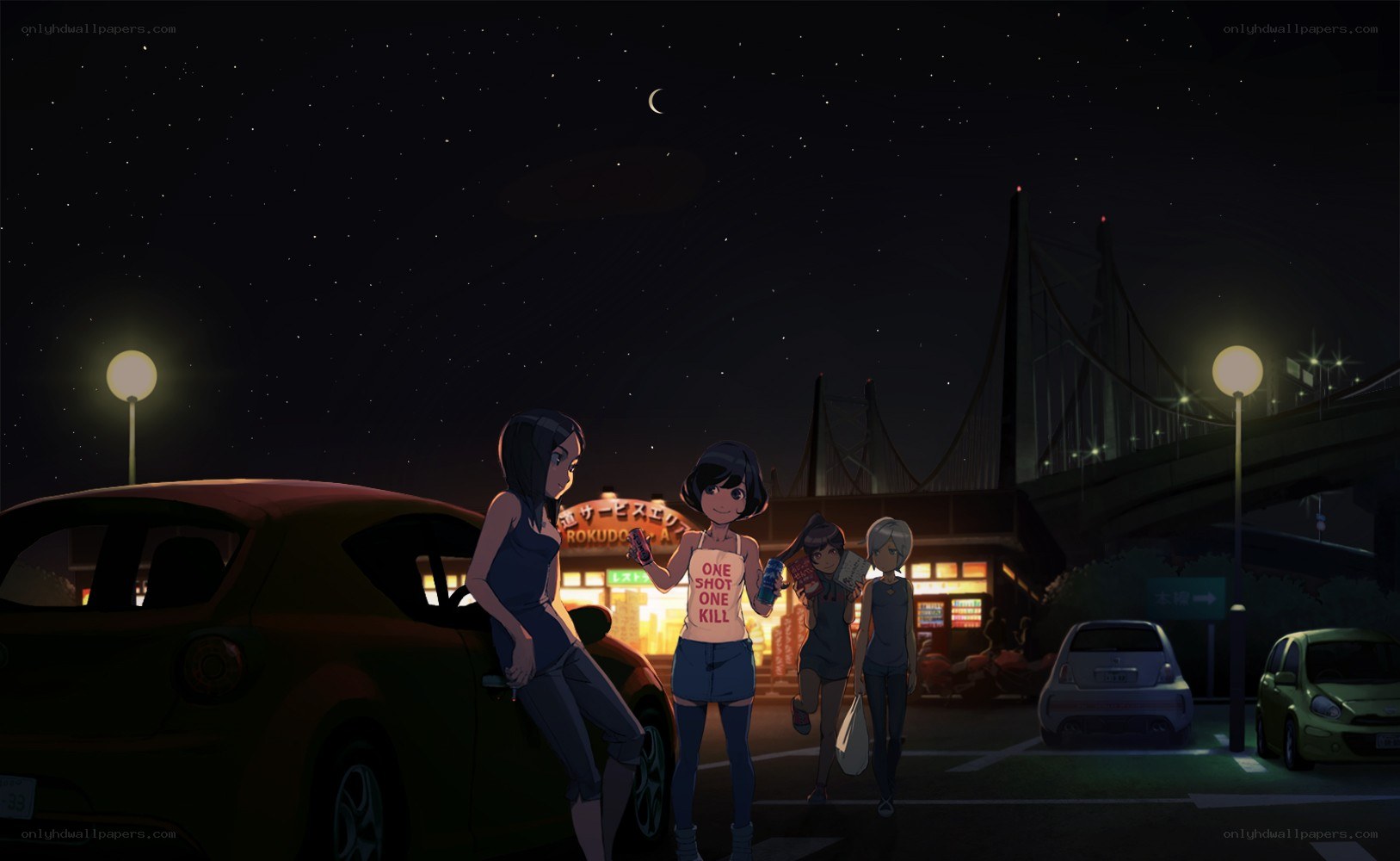 Nighttime scene with anime characters