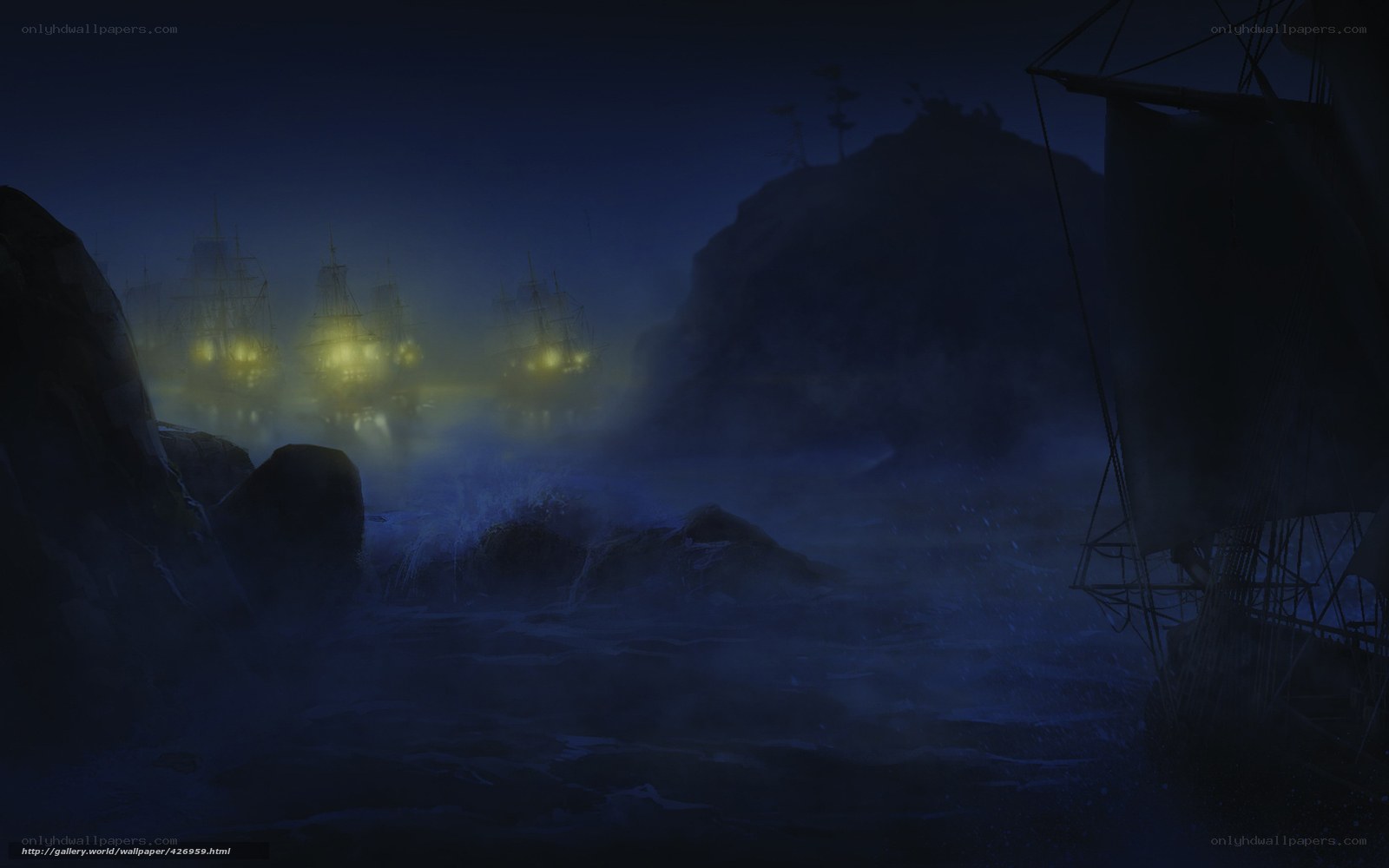 Nighttime ship fleet near rocks