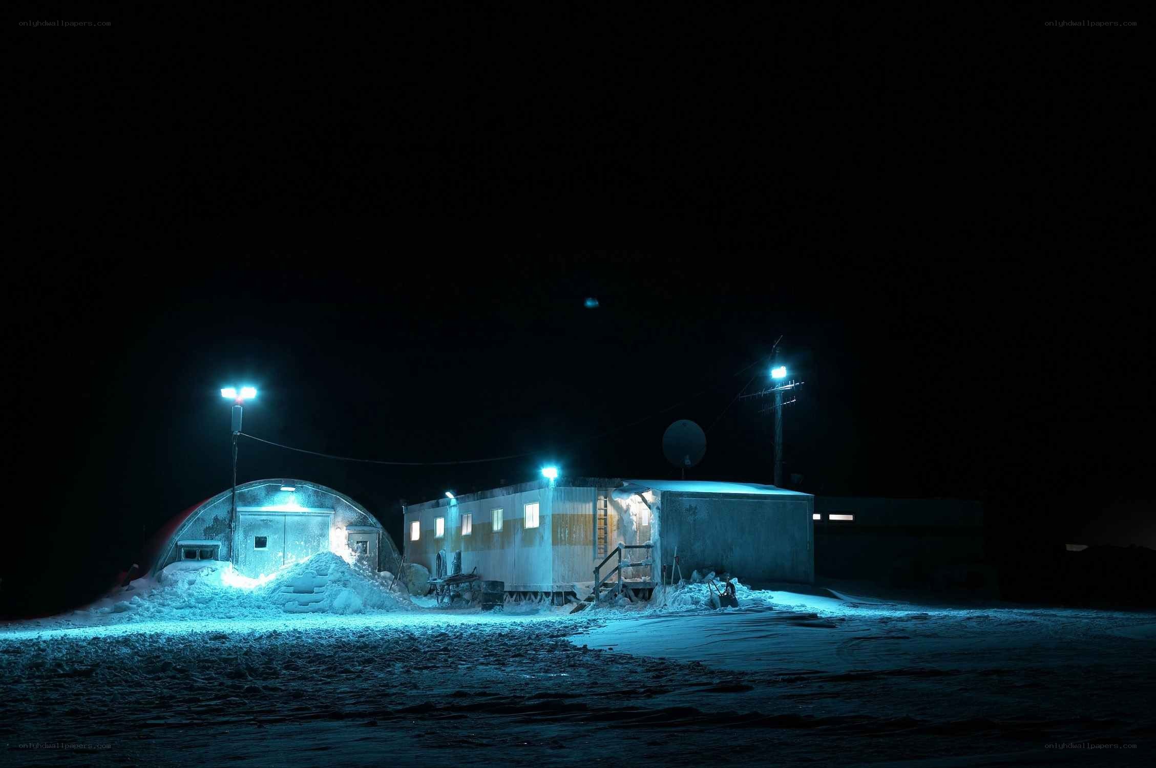 Nighttime snow camp scene