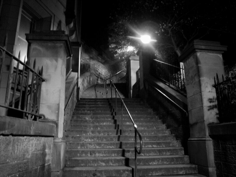 nighttime stone staircase