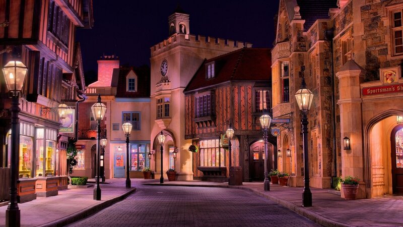 nighttime street in a themed village