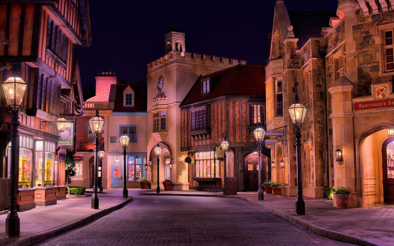 Nighttime street in a themed village