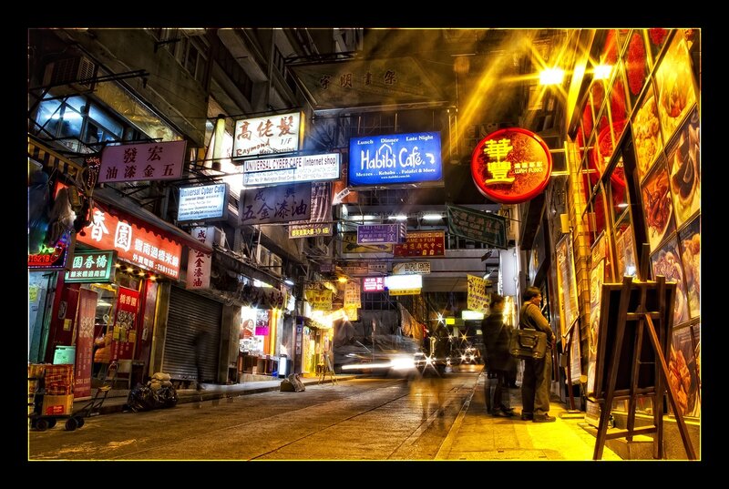 nighttime street in hong kong