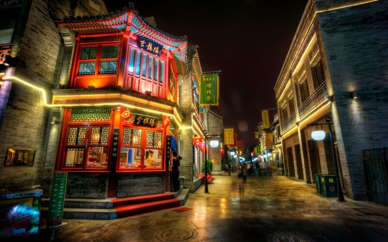 nighttime street in traditional chinese district