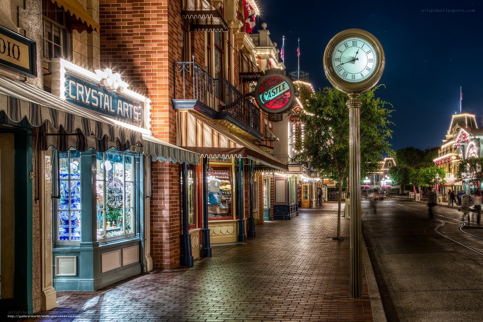 Nighttime street scene at a theme park