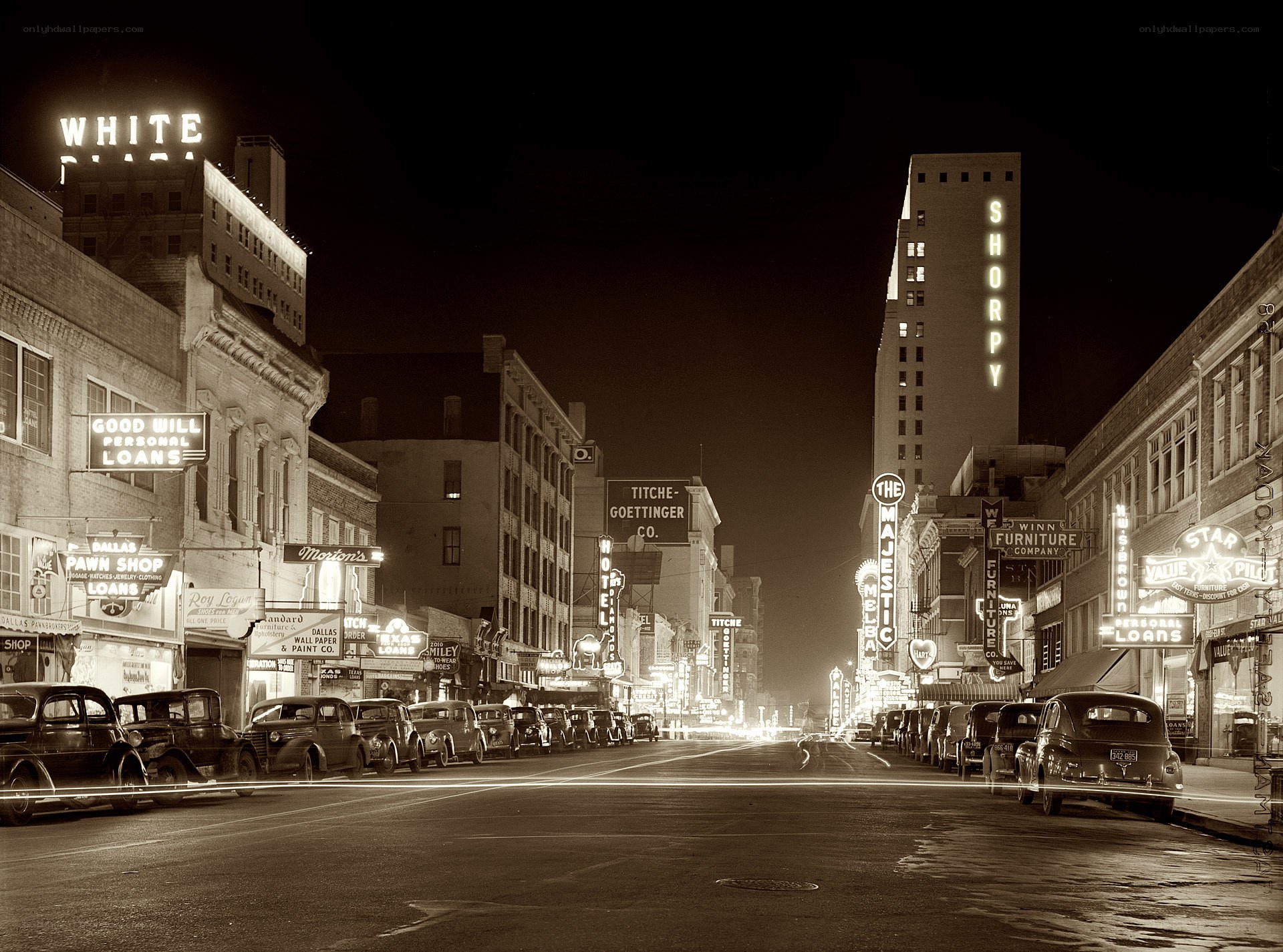 Nighttime street scene in Dallas