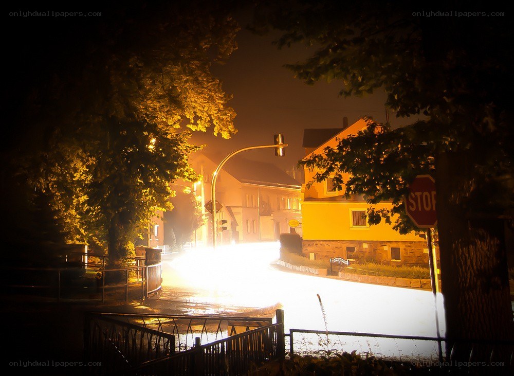 Nighttime street scene in fog