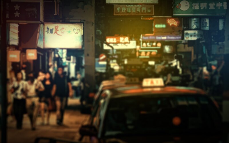 nighttime street scene in hong kong