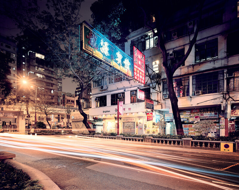 Nighttime street scene in Hong Kong