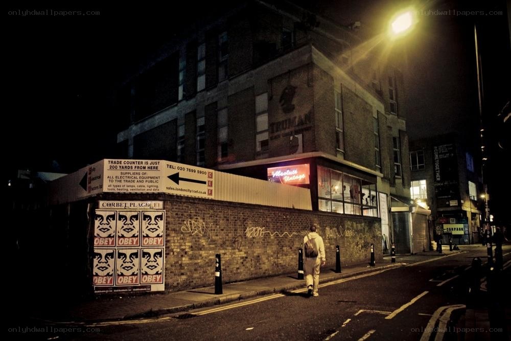 nighttime street scene in london