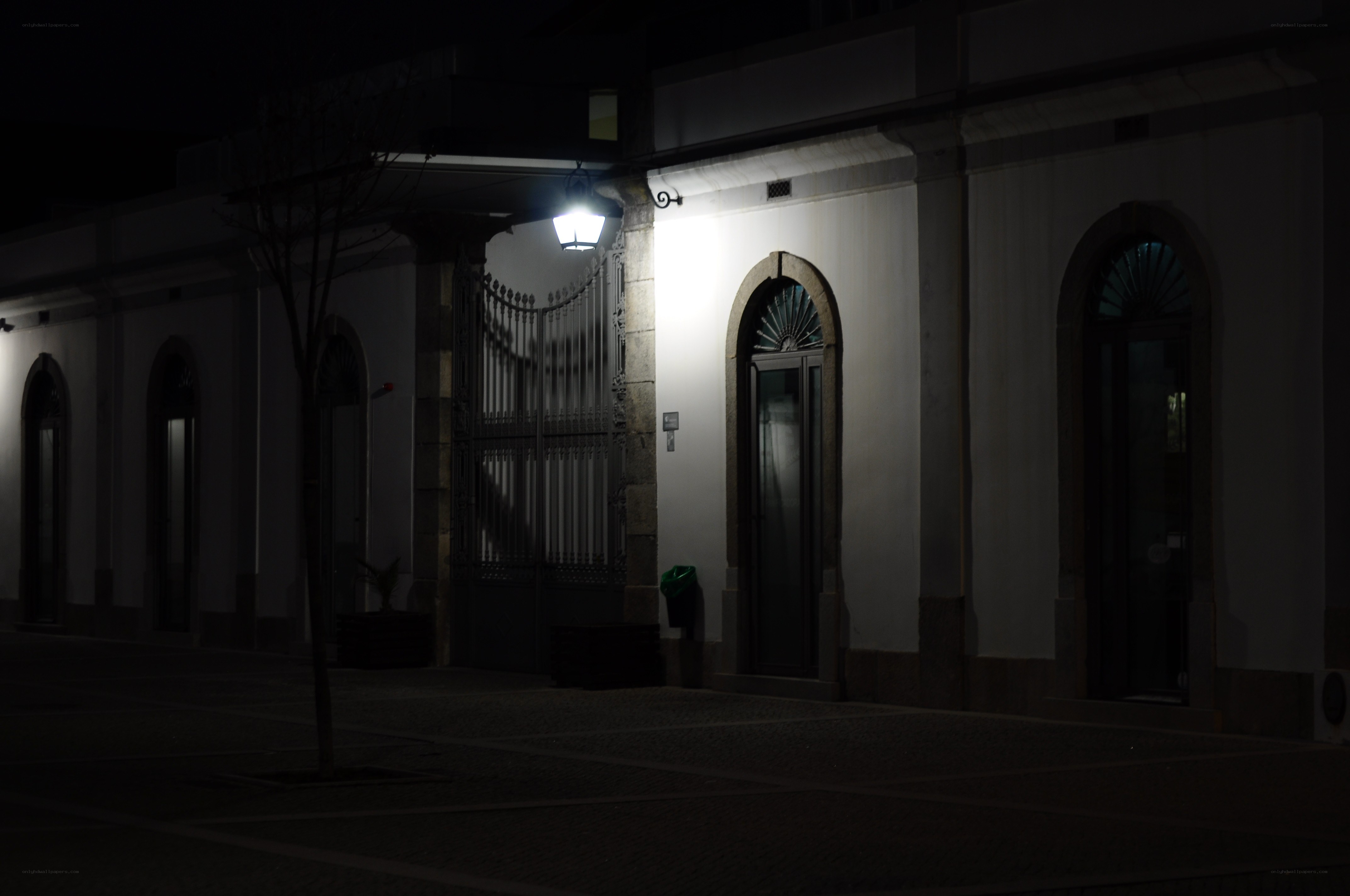 nighttime street scene with building