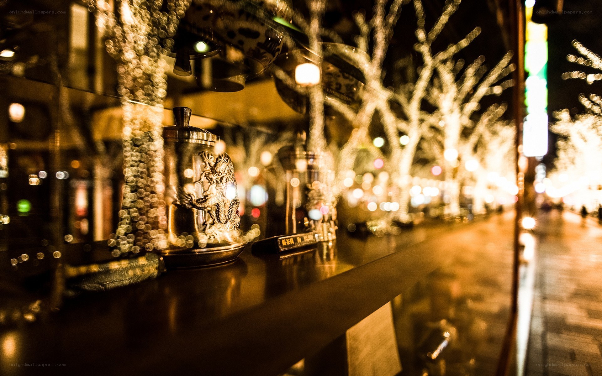 Nighttime street scene with decorative jar