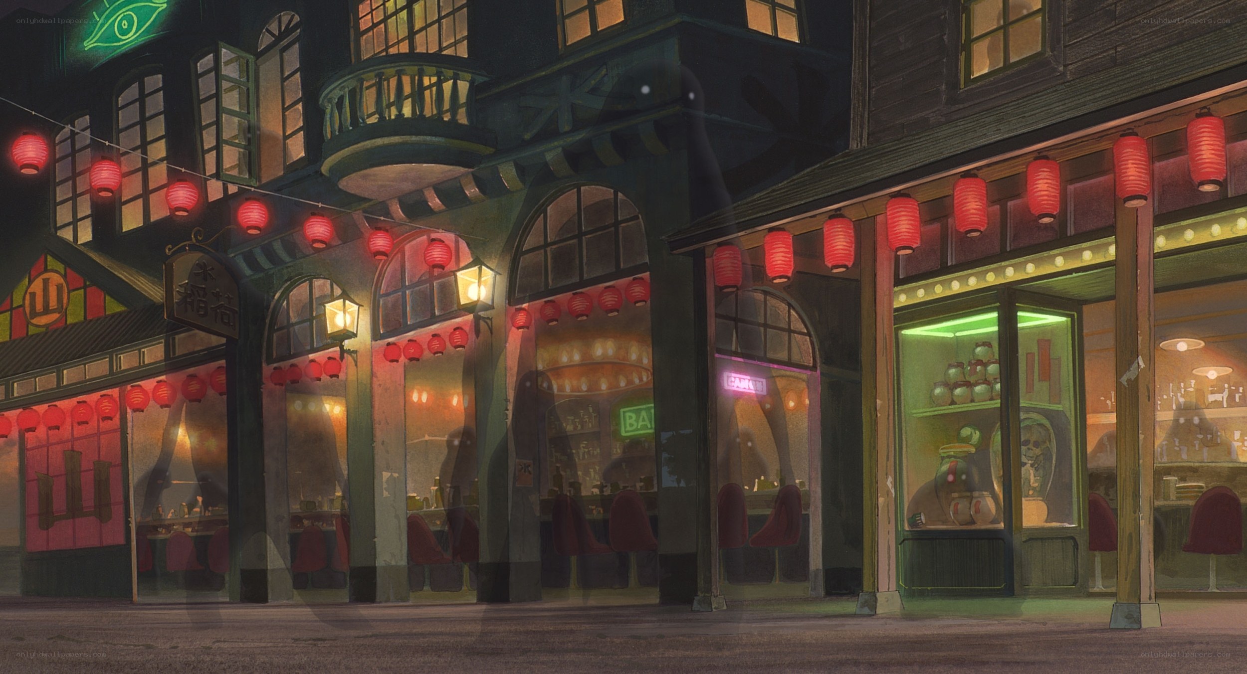 nighttime street with lanterns
