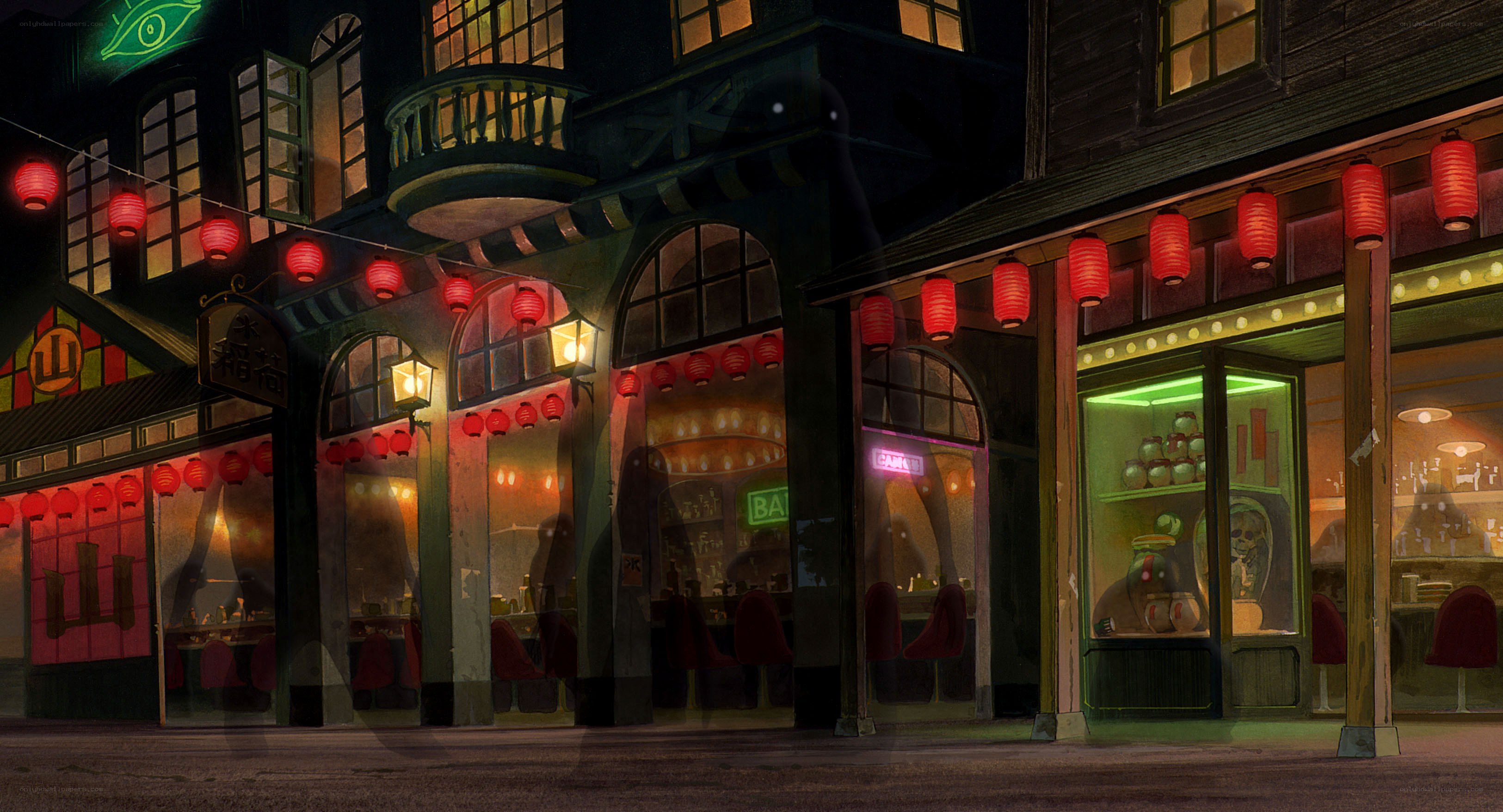 Nighttime street with lanterns