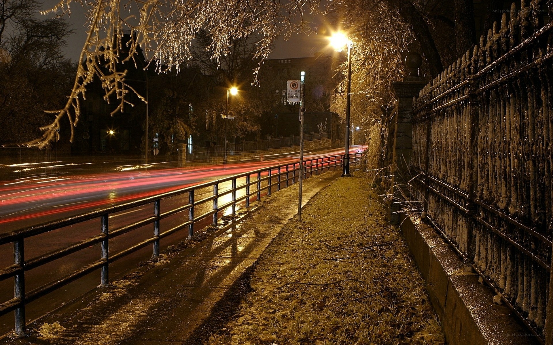 Nighttime street with light trails