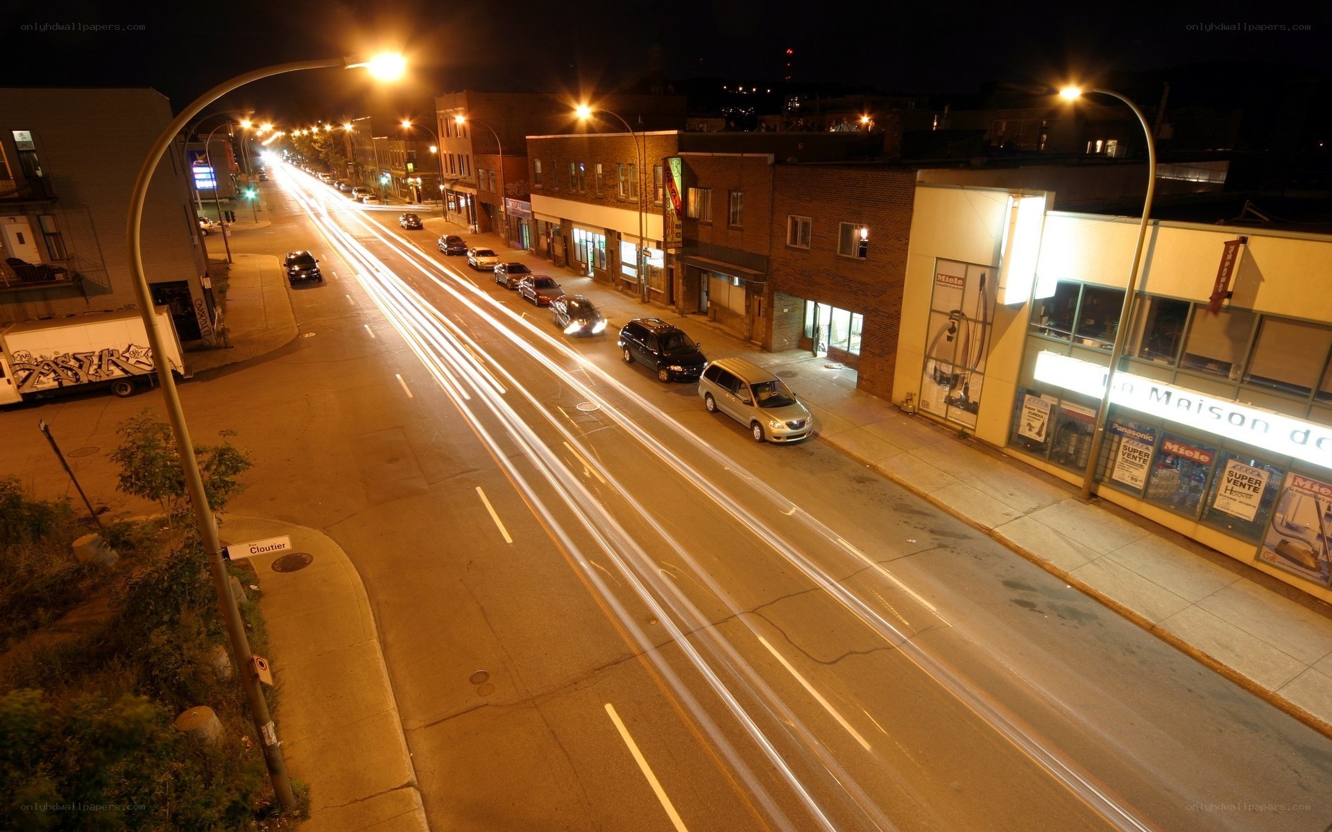 Nighttime street with light trails