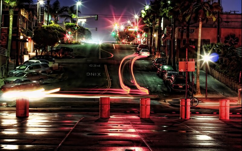 Nighttime Street with Light Trails — Red