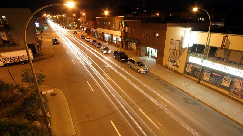 nighttime street with light trails