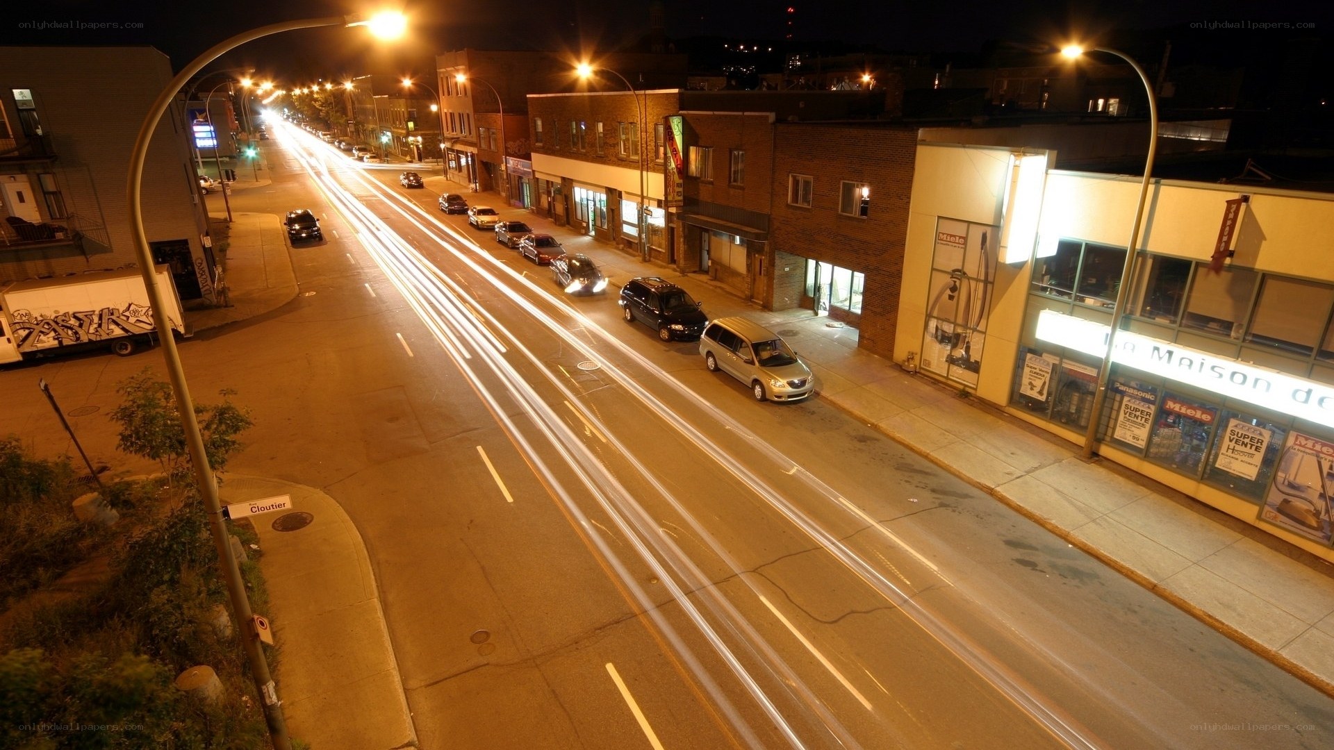 nighttime street with light trails