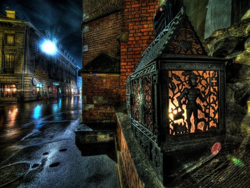 Nighttime street with ornate lantern